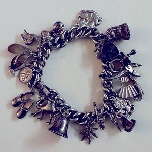 VNTG Stg Silver 20 Travel Charm Bracelet, Sterling Silver, 925, & 835 charms